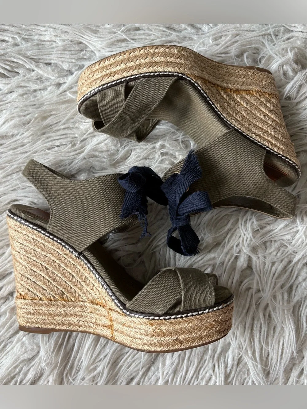 Tory Burch Gabe Lace Up Canvas Olive Green Platform Sandal Espadrilles Size 38